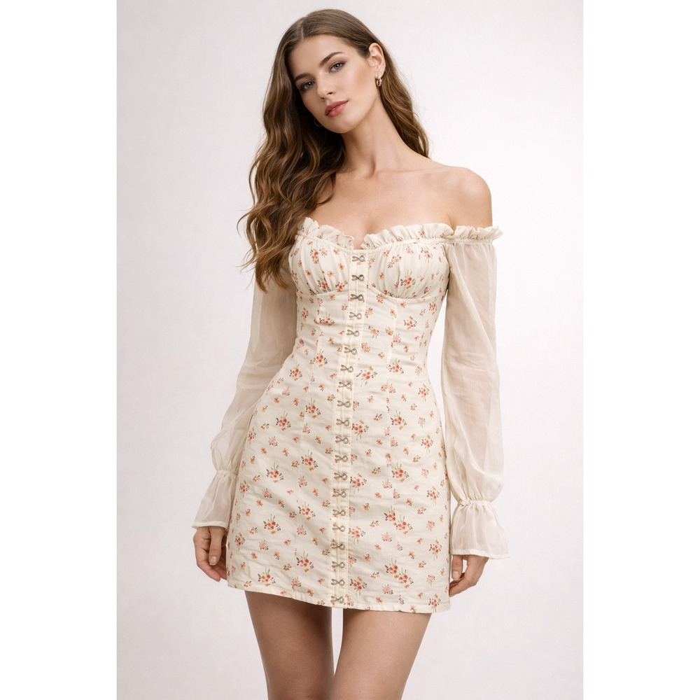EGGIe Floral Print Corset Style Mini Dress Off Shoulder Ruffle Sleeve XS coquett